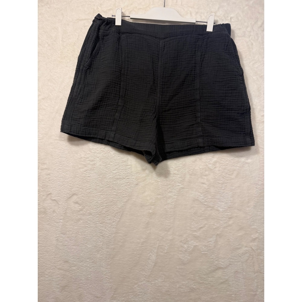 Black Cotton Gauze High Waisted Shorts Elastic Back Pockets Textured‎ Casual